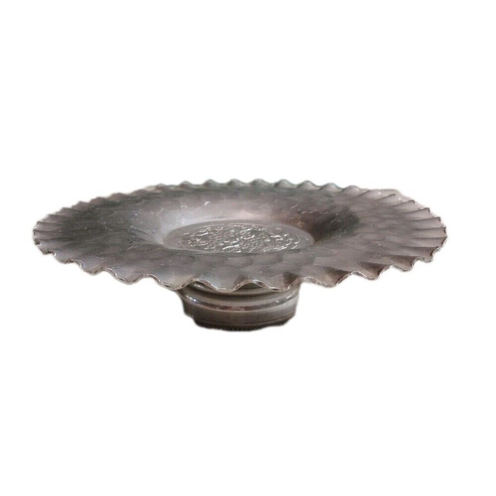 Vintage P.A.C. Japan Hammered Aluminum Pedestal Bowl Scalloped Grape Motif